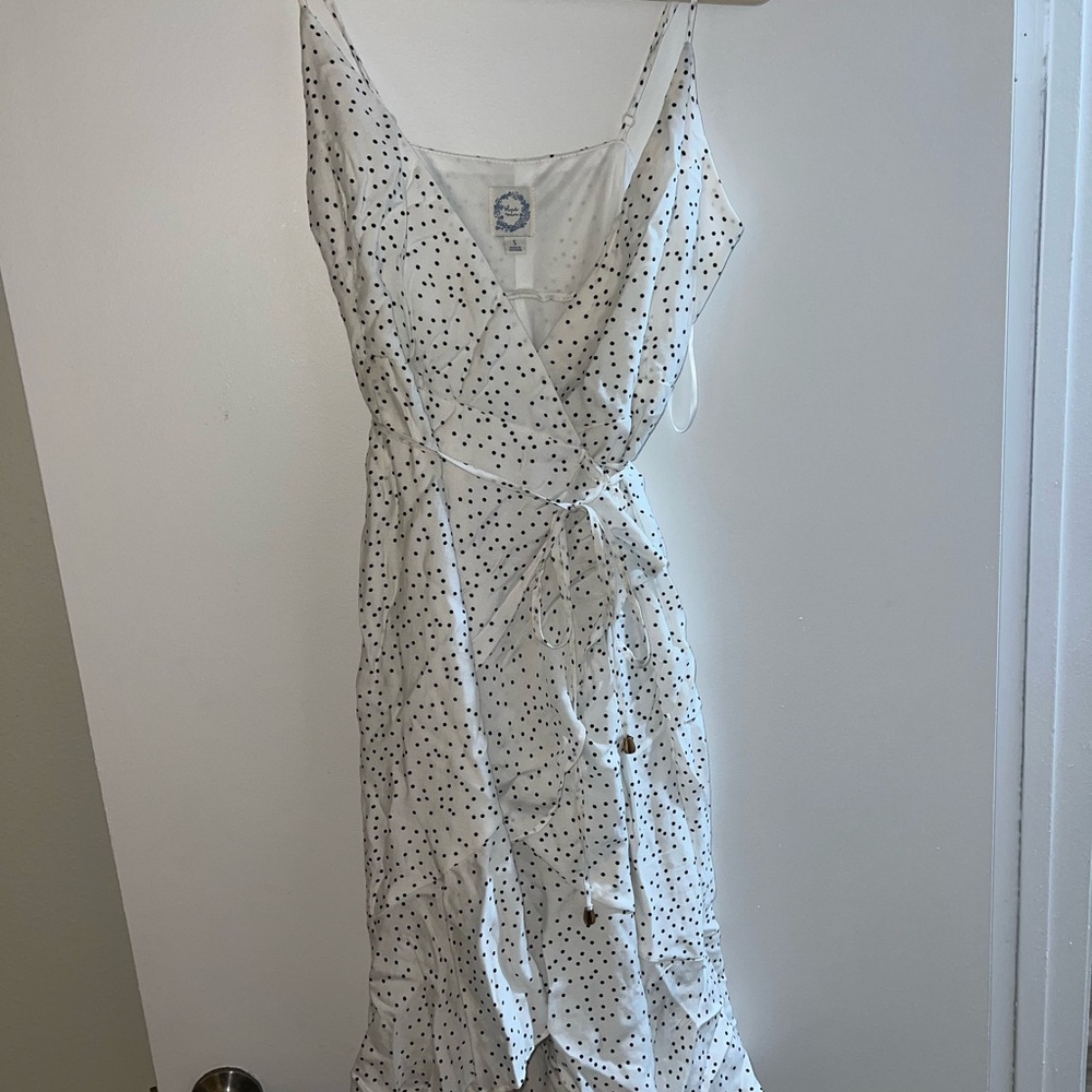 Blue Rain White Midi Dress with Black Dots